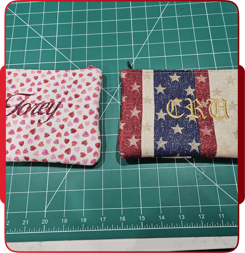 Personalized coming-of-age pouches embroidered with Ruth, Viviana, and Eileen
