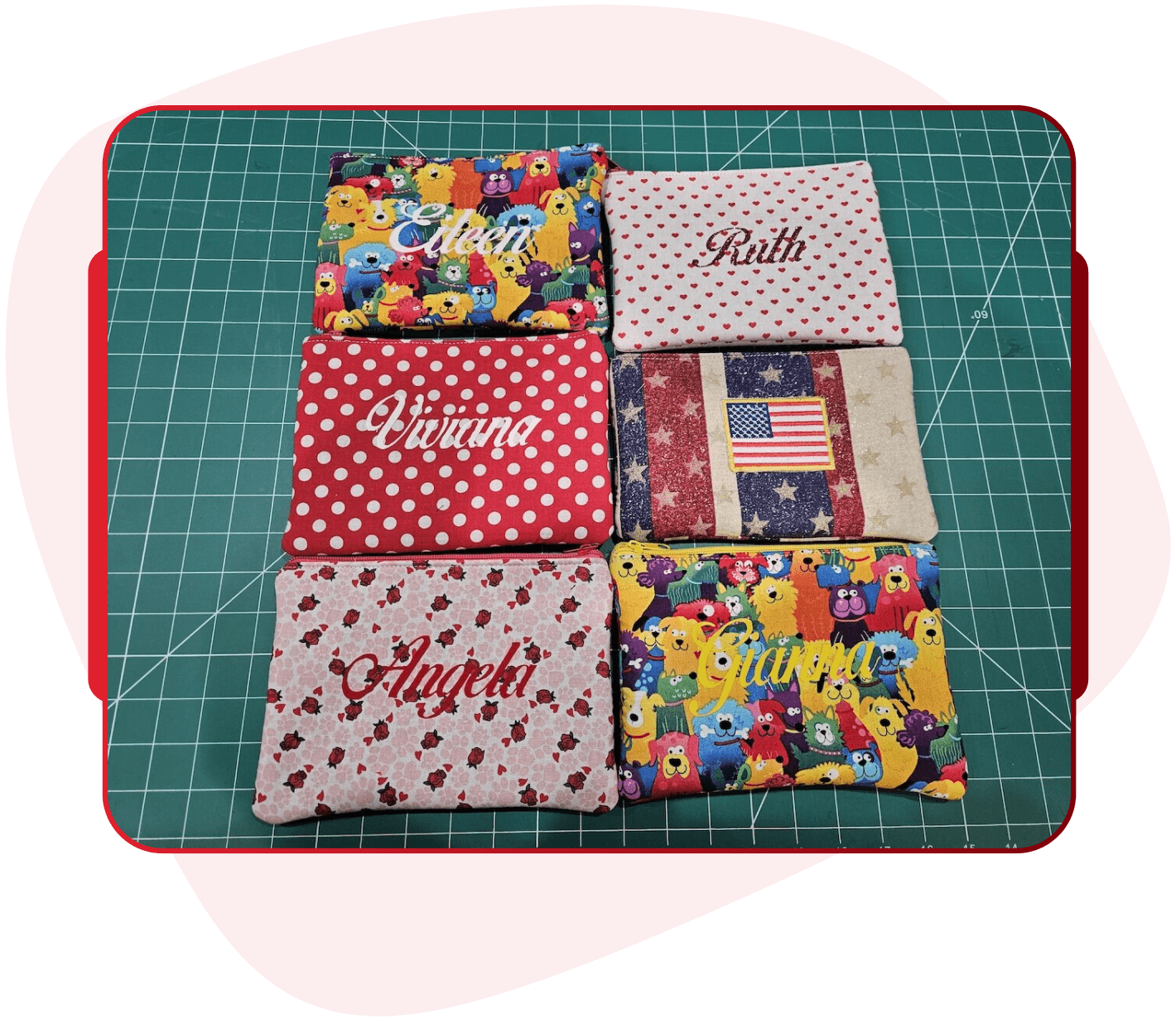 Collection of custom embroidered coming-of-age pouches for Eileen, Ruth, Viviana, Angela, and Gianna