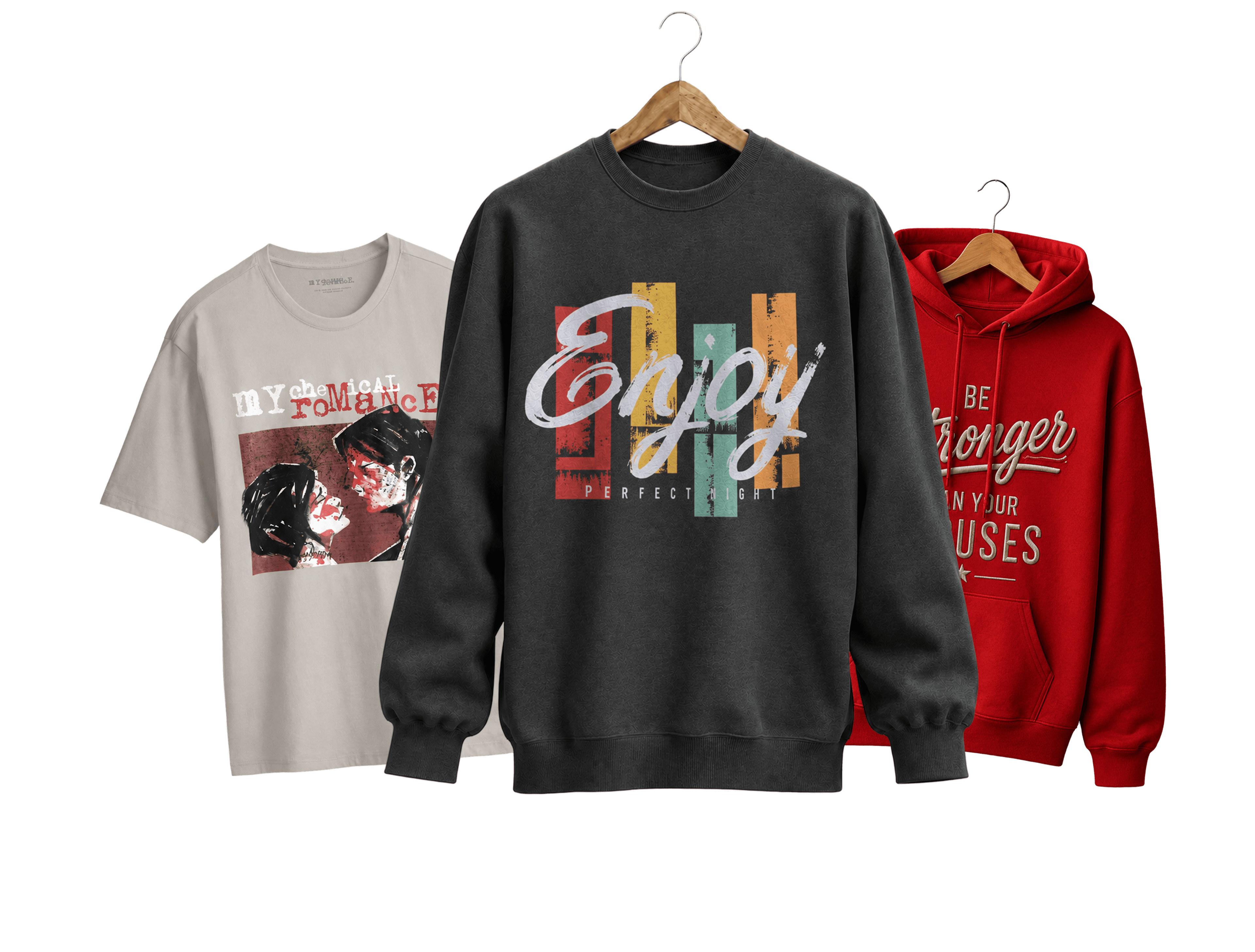 Custom embroidered apparel including sweatshirts, hoodies, t-shirts, and tote bags